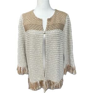 Chico's Open Front Cardigan Metallic Dressy Fringe Sweater Ivory Gold Women L
